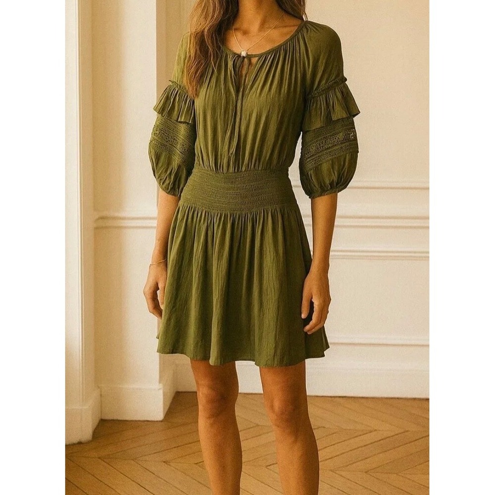 Ramy Brook Olive Green Smocked Mini Dress Crochet Lace Ruffle Puff Sleeve Boho